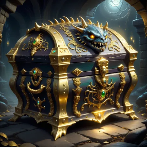 monster disguised as a treasure chest, very detailed, complex design, gorgeous gold embellishment, shining magic aura, sharp cla...