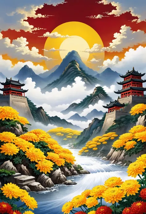 National tide wind, (Big Red Sun :1), Mountains, Clouds :1, Mountains, rivers, Flowers, Hills, Peaks, Mountains, wall of china, Auspicious clouds, Mountains, Yellow chrysanthemum