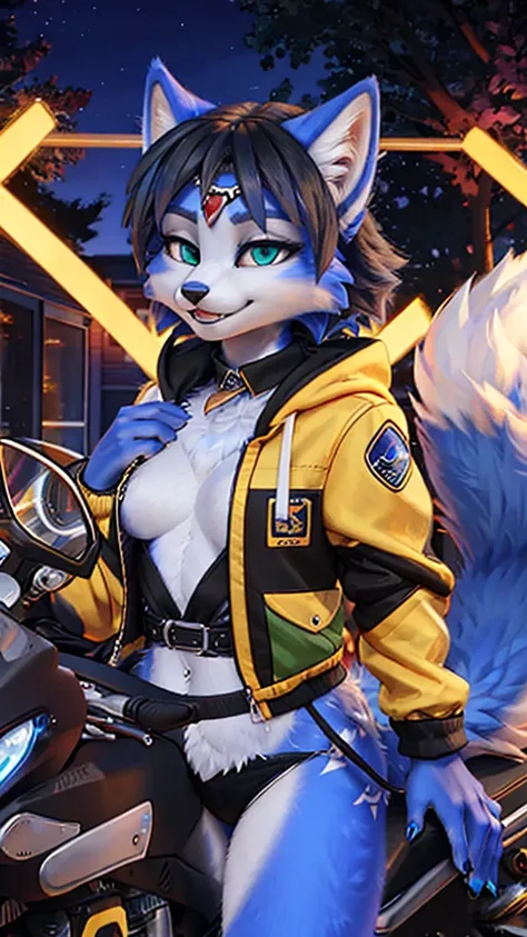 A beautiful and detailed (sweet portrait) wa ((Krystal)), Star Fox Krystal, sslim, lovable, green eyes, medium breasts, (((Long blue hair 1.3))),  ((black hair tips)), Decollete, grin, look up,, anthro, furry, Uploaded E621, detailed fluffy fur, (wa Fluff-...