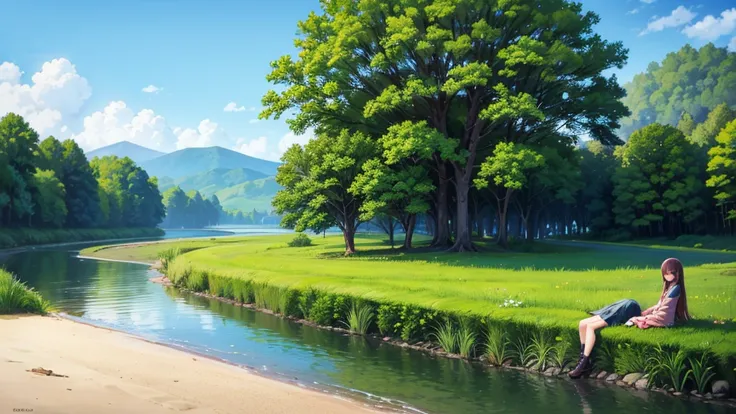 a girl resting in light clothing、riverbank、countryside、sunny、peaceful scenery