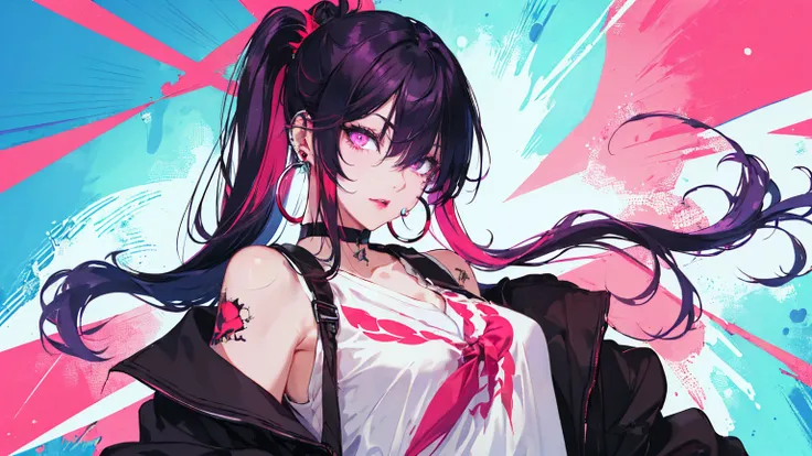 hair above one eye, Purple eyes, Clear Eyes, choker, Neon Shirt, torn legwear, open jacket、Blue pubic hair catches my eye,Bright red background、Red background, graffiti, Shineing grafiti, Shineing tattoos, Shine, Neon Light, Black light,Anime Style, movie ...