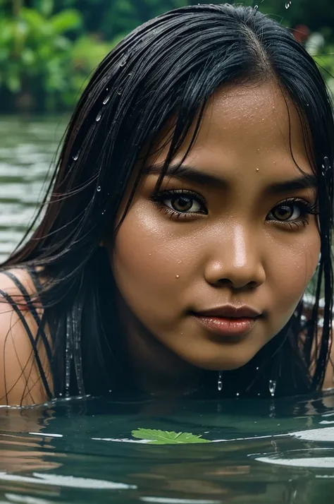 on water view of a beautiful eyes of malay woman half submerge in the river water with water flow surrounding her. There is also water splash that make her upper half face soaked with water drop.