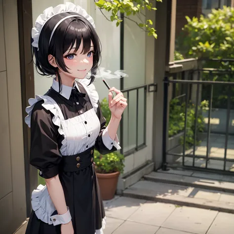 A black-haired maid is smoking a cigarette outside, smiling fearlessly.。　（１people）