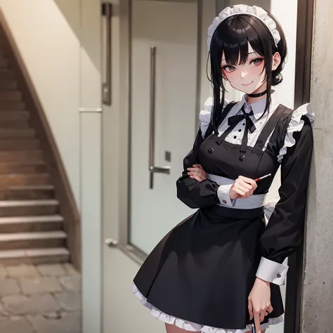 A black-haired maid is smoking a cigarette outside, smiling fearlessly.。　（１people）