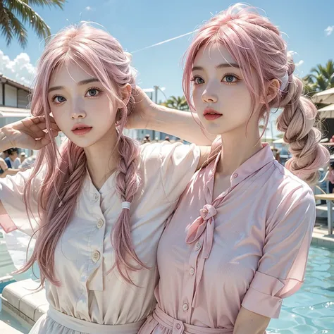 Light pink hair, Pink Eyes, Pink and white, blue sky, Vibrant colors, blouse white、Splash, Light Racing, Wavy long hair、Splash、Light of the sun、Pigtails