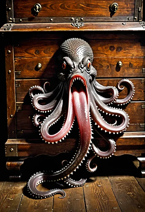 (mimico), Texture, wood, Metal, old, Treasure Chest, gem, shine, Dim lighting, reflection, Suspicious face, Tentacles, Sharp teeth, Wooden chest of drawers, Thick interior, Long Tongue, Mouth open