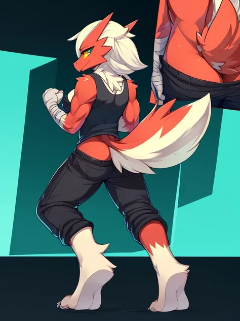 [blaziken], (mayosplash), (wamudraws)], ((masterpiece)), ((HD)), ((solo portrait)), ((back view)), ((furry; anthro)), ((detailed shading)), ((beautiful render art)), ((intricate details)), {anthro; red feathers, red beak, (yellow talon feet), (long white h...