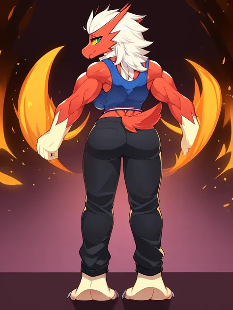 [blaziken], (mayosplash), (wamudraws)], ((masterpiece)), ((HD)), ((solo portrait)), ((back view)), ((furry; anthro)), ((detailed shading)), ((beautiful render art)), ((intricate details)), {anthro; red feathers, red beak, (yellow talon feet), (long white h...