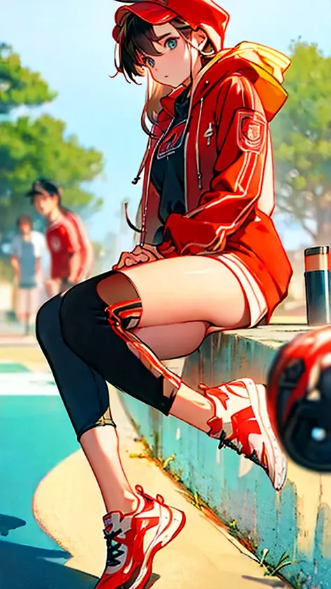 highest quality、masterpiece、Girl、Red coat、hooded sport coat、whole body，black pants、sports shoes、game portrait