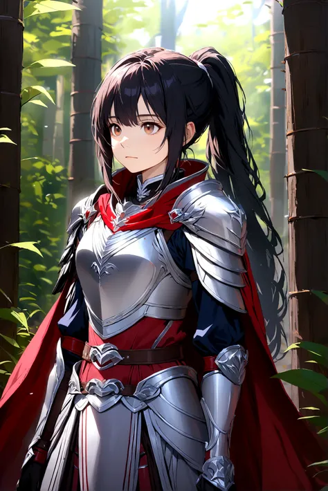 1 Girl, Solitary, Long hair, Looking at the audience, Black Hair, Brown eyes, permanent, Ponytail, outdoor, cape, armor, shoulder armor, Breastplate, Practical, red cape, 