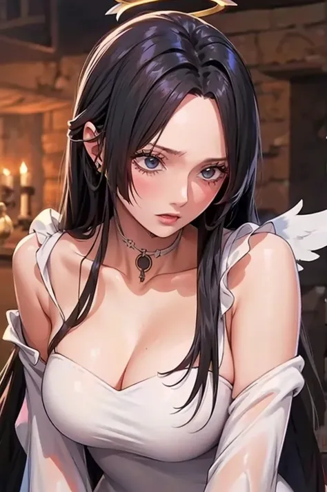 cowboy shot, (black wings:1.2), very long hair, side ponytail, choker, holding, off shoulder, (white dress:1.3), white jacket,halo,