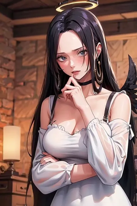 cowboy shot, (black wings:1.2), very long hair, side ponytail, choker, holding, off shoulder, (white dress:1.3), white jacket,halo,