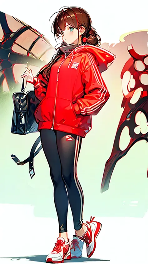 highest quality、masterpiece、Girl、Red coat、hooded sport coat、whole body，black pants、sports shoes、game portrait