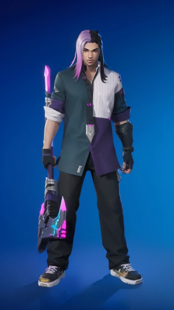 arafed male in a purple shirt and black pants holding a pink sword, tane skin, lunar themed attire, single character full body, fuchsia skin, mechanic punk outfit, fortnite character, full body shot hyperdetailed, sharp silver armor fuchsia skin, full body...