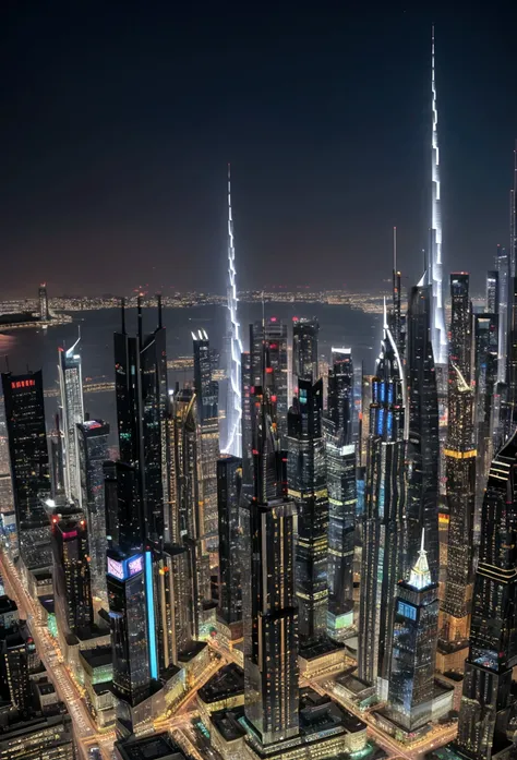 Generate an image of a futuristic city that blends the architectural styles and iconic elements of Dubai, Manhattan, and Tokyo. The cityscape should feature a mix of towering skyscrapers with the sleek, modern design of Dubai, the dense, grid-like structur...