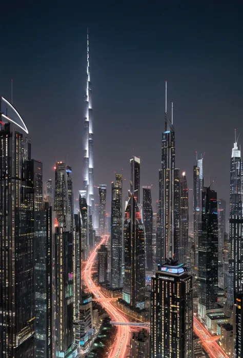 Generate an image of a futuristic city that blends the architectural styles and iconic elements of Dubai, Manhattan, and Tokyo. The cityscape should feature a mix of towering skyscrapers with the sleek, modern design of Dubai, the dense, grid-like structur...