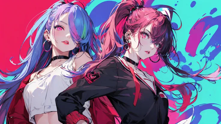 hair above one eye, Purple eyes, Clear Eyes, choker, Neon Shirt, torn legwear, open jacket、Blue pubic hair catches my eye,Bright red background、Red background, graffiti, Shineing grafiti, Shineing tattoos, Shine, Neon Light, Black light,Anime Style, movie ...