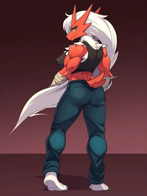 [blaziken], (mayosplash), (wamudraws)], ((masterpiece)), ((HD)), ((solo portrait)), ((back view)), ((furry; anthro)), ((detailed shading)), ((beautiful render art)), ((intricate details)), {anthro; red feathers, red beak,, (long white hair), cute teal eyes...