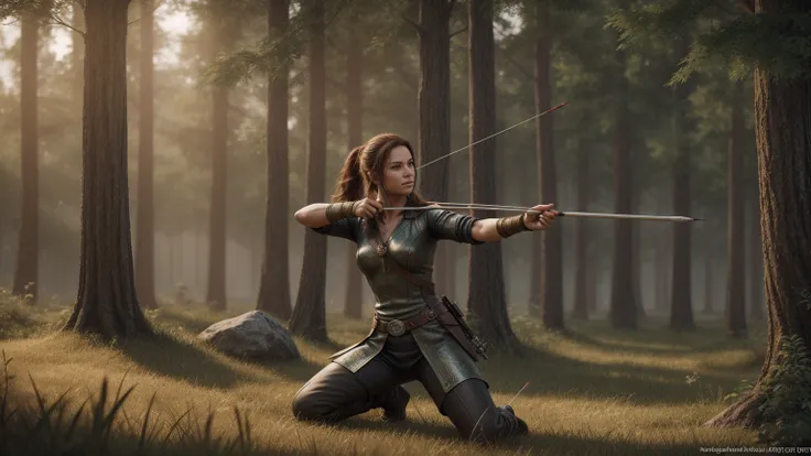 a skilled archer, aiming an arrow at the bullseye of a distant target, detailed portrait, cinematic dramatic lighting, lush forest background, epic fantasy environment, highly detailed, photorealistic, 8K, (best quality, 4k, 8k, highres, masterpiece:1.2), ...