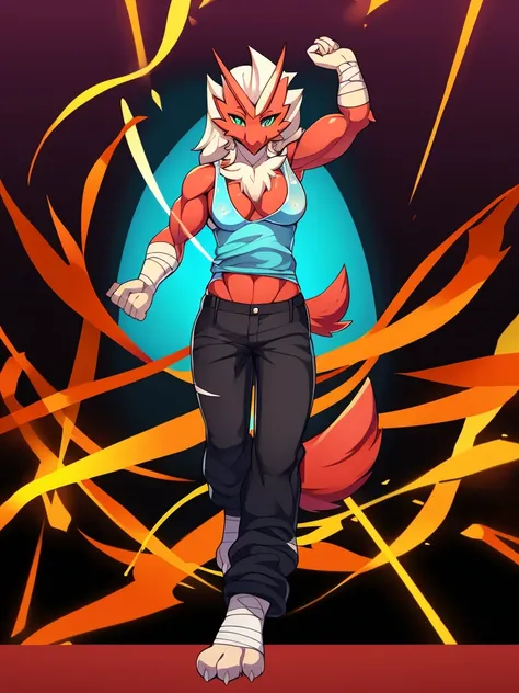 [blaziken], (mayosplash), (wamudraws)], ((masterpiece)), ((HD)), ((solo portrait)), ((front view)), ((furry; anthro)), ((detailed shading)), ((beautiful render art)), ((intricate details)), {anthro; red feathers, red beak,, (long white hair), cute teal eye...