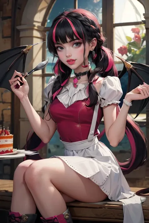 1 girl, a girl with bat wings, holding a pastry brush, succubus, bakery, a cake on focus, cake with strawberrys and red roses, b...