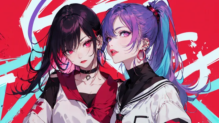 hair above one eye, Purple eyes, Clear Eyes, choker, Neon Shirt, torn legwear, open jacket、Blue pubic hair catches my eye,Bright red background、Red background, graffiti, Shineing grafiti, Shineing tattoos, Shine, Neon Light, Black light,Anime Style, movie ...