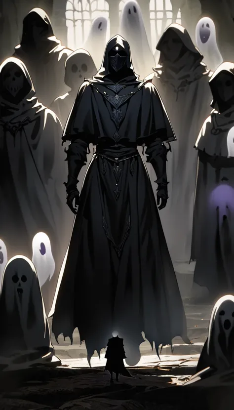 male knight ghostly form, knight ghostly figure, knight shrouded figure, shadowy and eerie character, eerie person, eerie person silhouette, black knight ghost, floating ghost, distant full body view, mysterious figure, zoomed out full body, black transpar...