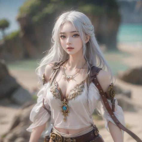 (masterpiece:1.3), (8K, Realistic, RAW Photos, Best image quality: 1.4), Fair-skinned fairy woman、Long Hair、Cleavage:2.0、Highly detailed face、Attention to detail、double eyelid、Chest to chest、Sharp focus:1.2、Beautiful woman:1.4、Silvery white hair、Highest qu...