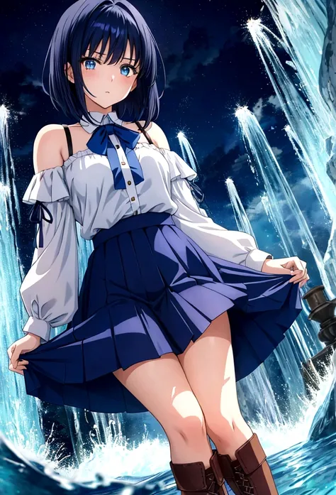 20 years old anime girl, with short dark blue hair to the shoulders, a serious yet tender expression, and bright light blue eyes. She dresses in an antique style, wearing a long dark blue skirt that reaches her knees, and small dark brown boots up to her a...