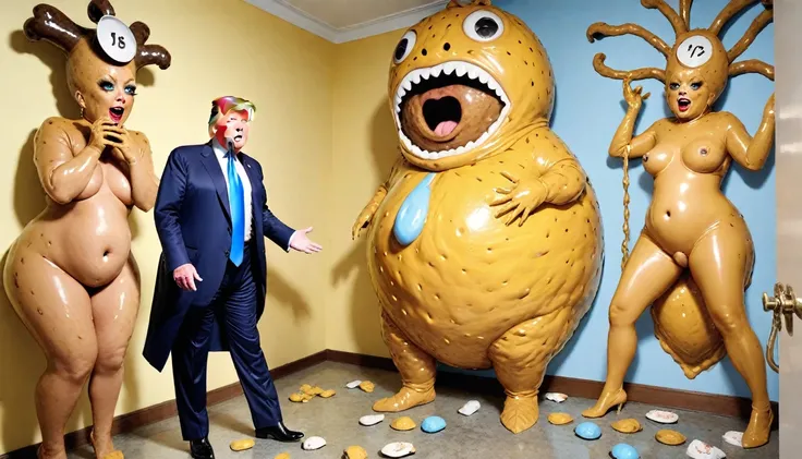 Donald Trump mayor, dressed as a , admiring a Bristol room full of gigantic pieces of seductive bipedal poo-legged poo lords on the floor of their poop mating glory hole on PPV , detailed face 