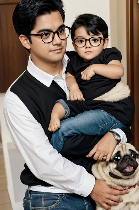 Cover Disney Pixar Family Dad with black hair white skin tall Mom hair on shoulders brown glasses white skin Boy 6 years old white black hair Golden pug dog