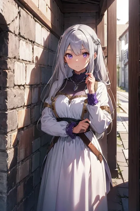 a silver hair woman in a medieval garb and standing in front of a wall with celing art, 1girl, long hair, solo, silver hair, dress, jewelry, necklace , purple eyes