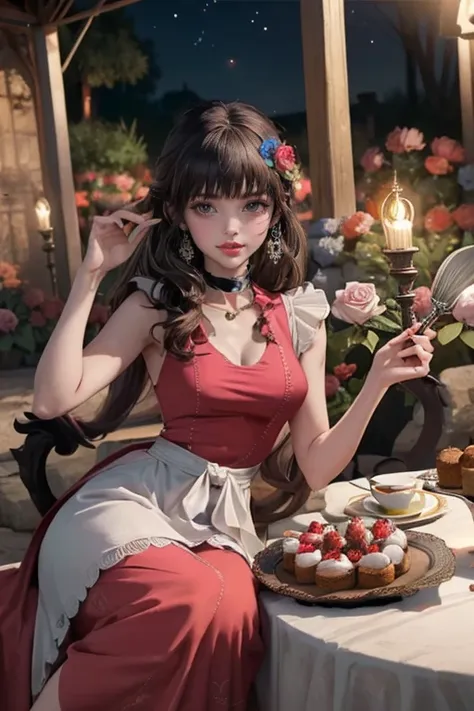 1 girl, a girl with bat wings, holding a pastry brush, succubus, bakery, a cake on focus, cake with strawberrys and red roses, b...