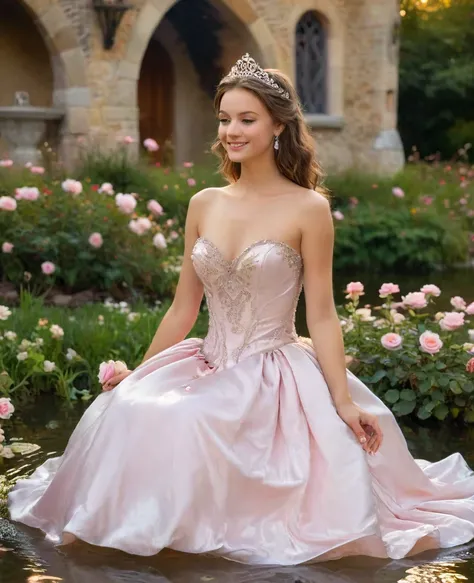 princess in blissful languor, daydreaming of Prince Charming, soothing lullaby music, luxurious satin gown, sparkling tiara, charming smile, warm golden sunlight, soft floral fragrance, dreamy atmosphere, gentle breeze, tender and romantic, whispering love...