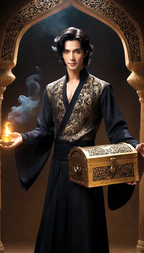 Thick smoke floated out of the golden treasure chest and gradually turned into a monster in the air.，Inspired by《Aladdins magic lamp》，His hair is dark black，Often draped over the shoulders，Gives a feeling of elegance yet dignity。He is very particular about...