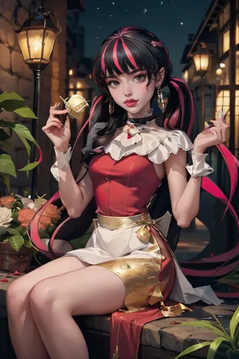 1 girl, a girl with bat wings, holding a pastry brush, succubus, bakery, a cake on focus, cake with strawberrys and red roses, bat choker, necklace, centered, bat jewelry, medieval castle scenery, Pink bat Jewelry, smile, vampire fangs, (looking at viewer)...