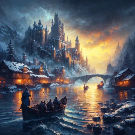 a painting of a man in a boat on a river with a castle in the background, bussiere rutkowski andreas rocha, 4k fantasy art, medieval fantasy art, andreas rocha style, by Andreas Rocha, andreas rocha and john howe, epic fantasy artwork, 8k fantasy art, symm...