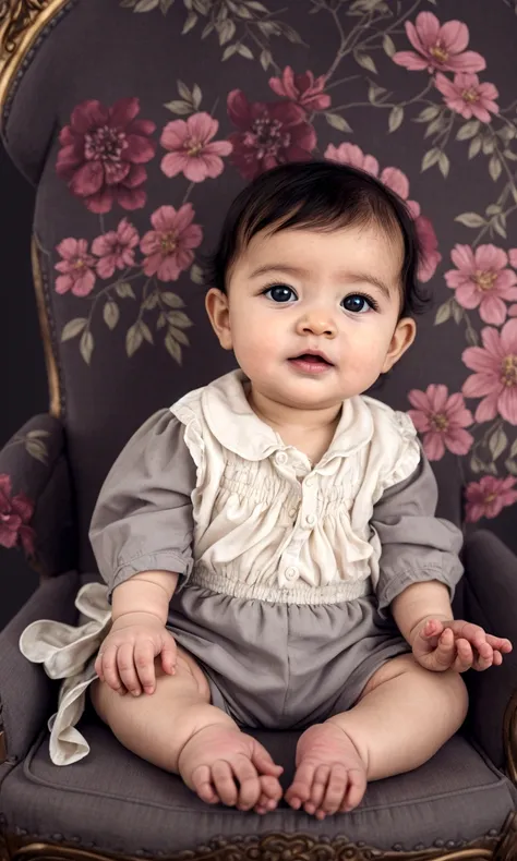 arafed photograph of a baby sitting on a chair with a flowered background, restored, best quality, highly detailed