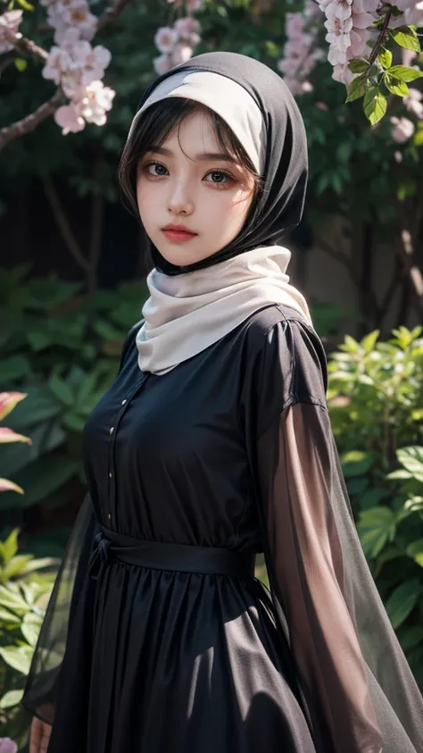 Closse-up, detailed eyes, detailed face texture, realistic photos of Hijab Korean female, slightly smile,expressive eyes,eye makeup,flower garden background,standing posture,confident attitude,Eye-Level Shot, slightly blurry background,UHD,masterpiece:1.2,...