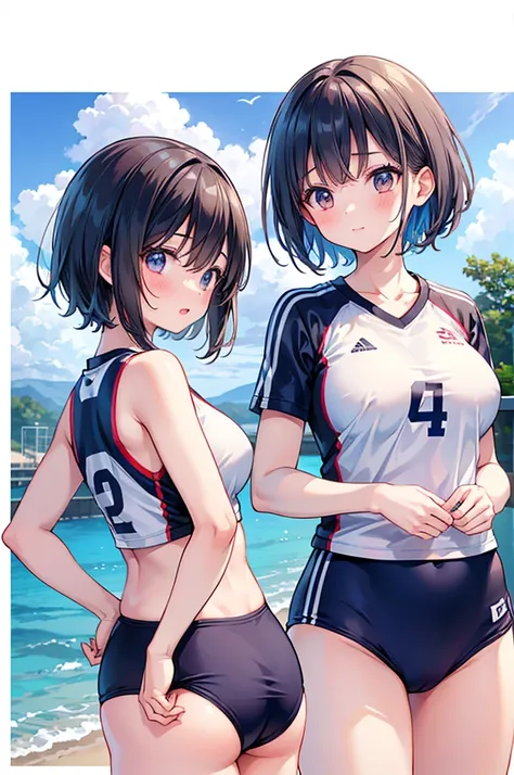 (Two Girls, Same height :1.2) ,Back view, Volleyball Uniforms, Couple Focus , (Cute Japanese Girl) , Very large breasts,(smile:0.7), Stand next to each other , Upper Body, Beach Volleyball,Recall, Realistic nipples, Realistic ass crack, Very Short Hair , (...