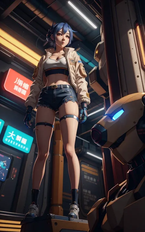 anime girl in short shorts and jacket standing next to giant robot, artwork in the style of guweiz, cyberpunk anime girl mech, trending on cgstation, guweiz, by Russell Dongjun Lu, digital cyberpunk anime art, ross tran 8 k, guweiz on artstation pixiv, gir...