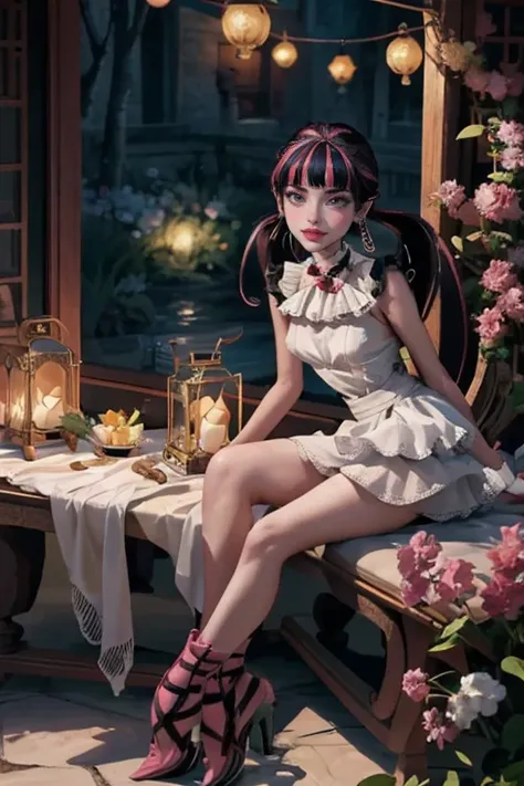 1 girl, a girl with bat wings, holding a red rose, succubus, bakery, a red roses on focus, red roses, bat choker, necklace, centered, bat jewelry, gothic scenery, Pink bat Jewelry, smile, vampire fangs, (looking at viewer), Draculaura_MH, wavy hair, solo, ...