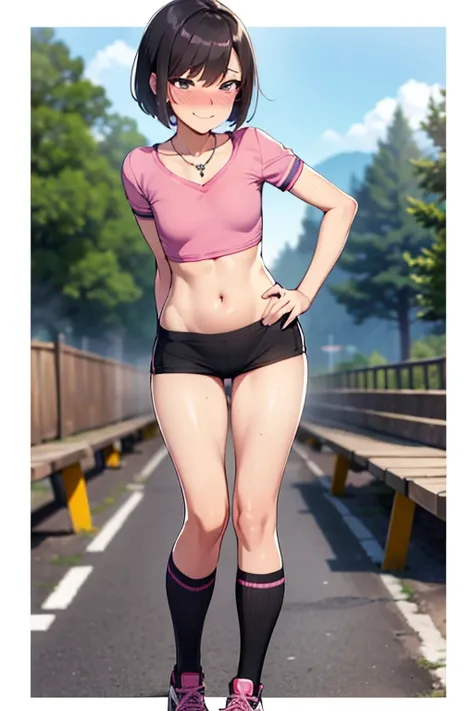 (highest quality:1.2),(perfect and beautiful posture:1.2),(fullbody shot:1.3,Solemature man),(short bob cut hair,flat chest:1.2), ((confused,embarrassed and blush:1.3)), shyness:1.1, (Sweaty, sunburned skin:1.3), (sexy Silver bra, short purple Pleated mini...