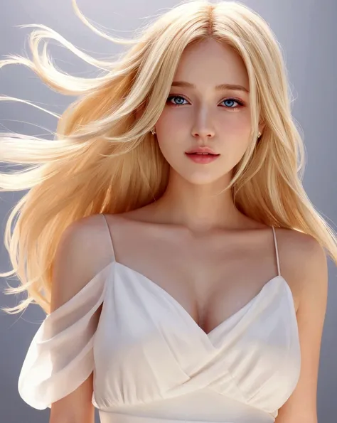 One whole body, realistic animated beautiful woman with blond hair in a white dress.