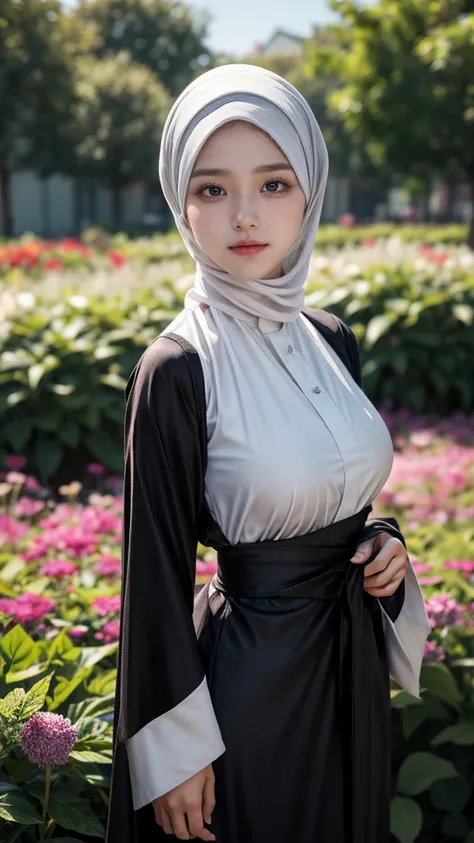 Closse-up, detailed eyes, detailed face texture, realistic photos of Hijab Korean female, slightly smile,expressive eyes,eye makeup,flower garden background,standing posture,confident attitude,Eye-Level Shot, slightly blurry background,UHD,masterpiece:1.2,...