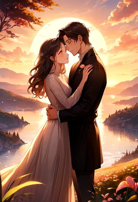 A couple in a romantic mood, standing close together in a picturesque setting. They are gazing into each other’s eyes with smiles that speak of deep affection. The man gently holds the woman’s hand, while she leans slightly into him, creating an intimate a...