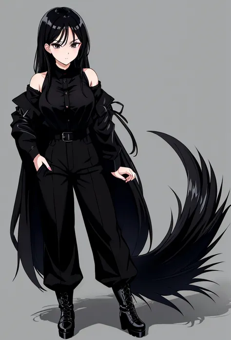 30-year-old anime woman, long black hair, serious, black eyes, wears old-fashioned clothing, black baggy pants, black boots, white blouse with long sleeves and exposed shoulders, powers of darkness, dark background.