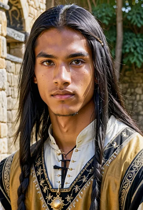 young man, 20 years old, long straight black hair, honey-colored eyes, indigenous descent, wearing medieval dress