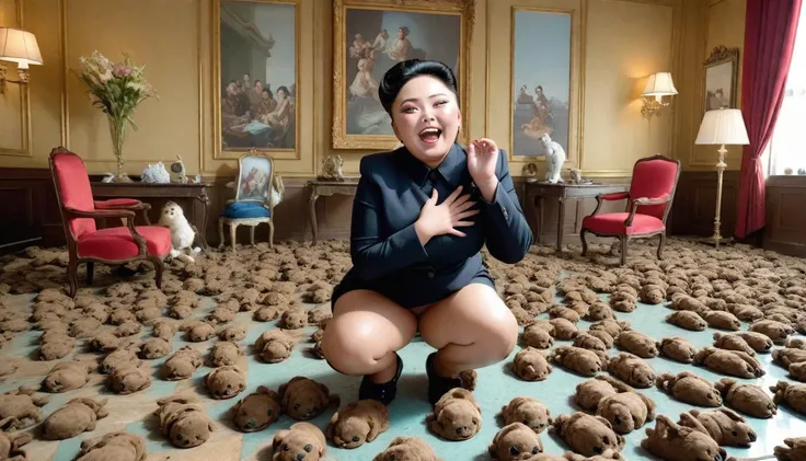 kim jong a giggling (detailed face), disguised as a , admiring a cambridge room filled with gigantic pieces of seductive ladies ...