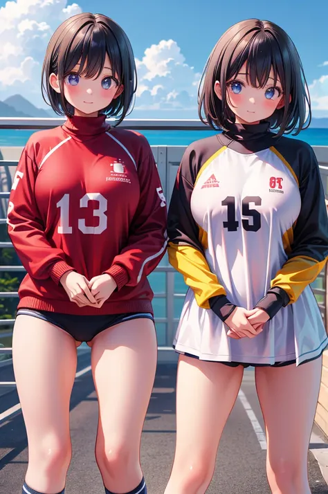 (Two Girls, Same height :1.2) ,Back view, Volleyball Uniforms, Couple Focus , (Cute Japanese Girl) , Very large breasts,(smile:0.7), Stand next to each other , Upper Body, Beach Volleyball,Recall, Realistic nipples, Realistic ass crack, Very Short Hair , (...